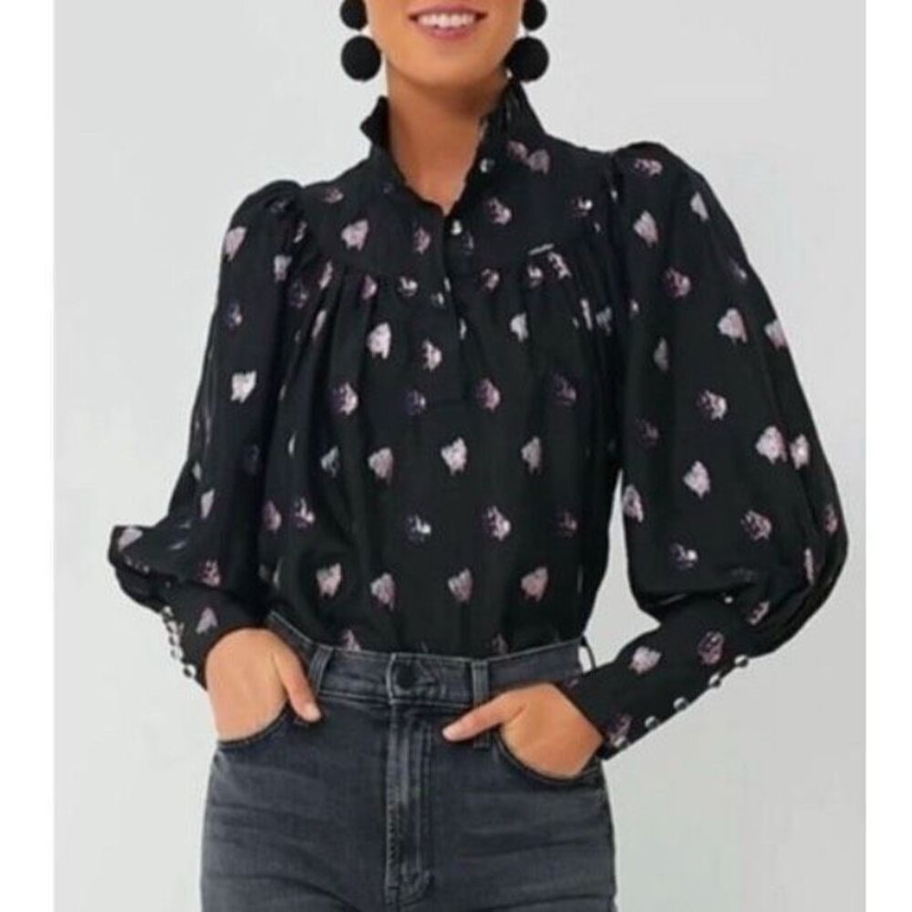 NWOT Tuckernuck Black and Blurred Dot Fil Coupe Corrigan Blouse, XXS $228 C20